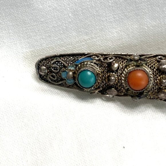 Antique Chinese Brooch Finger Nail Guard Pin Turquoise Coral Silver Mesh Asian - Picture 5 of 13